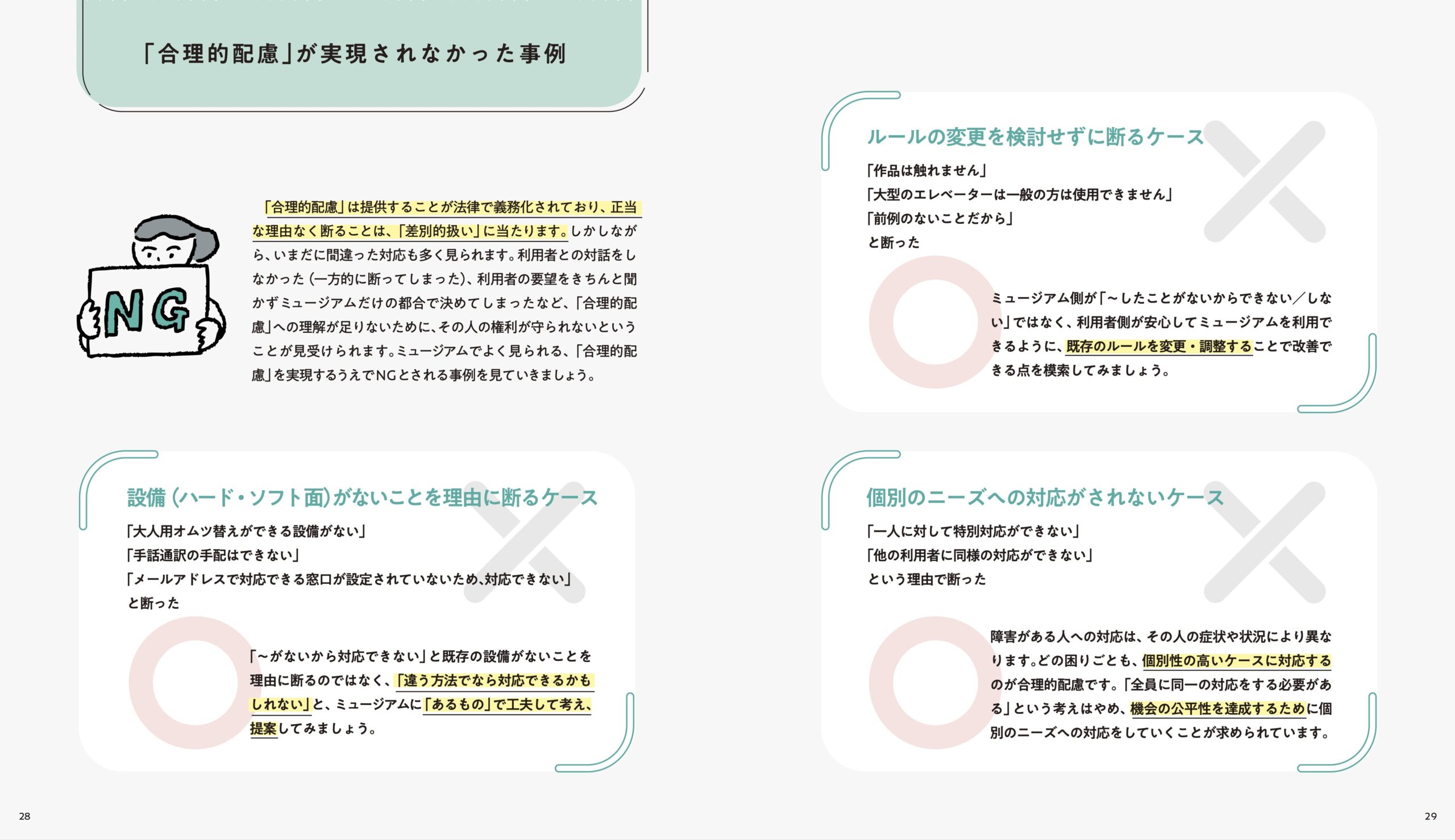 「合理的配慮のハンドブック」の「『合理的配慮』が」実現されなかった事例」の見開きページ。