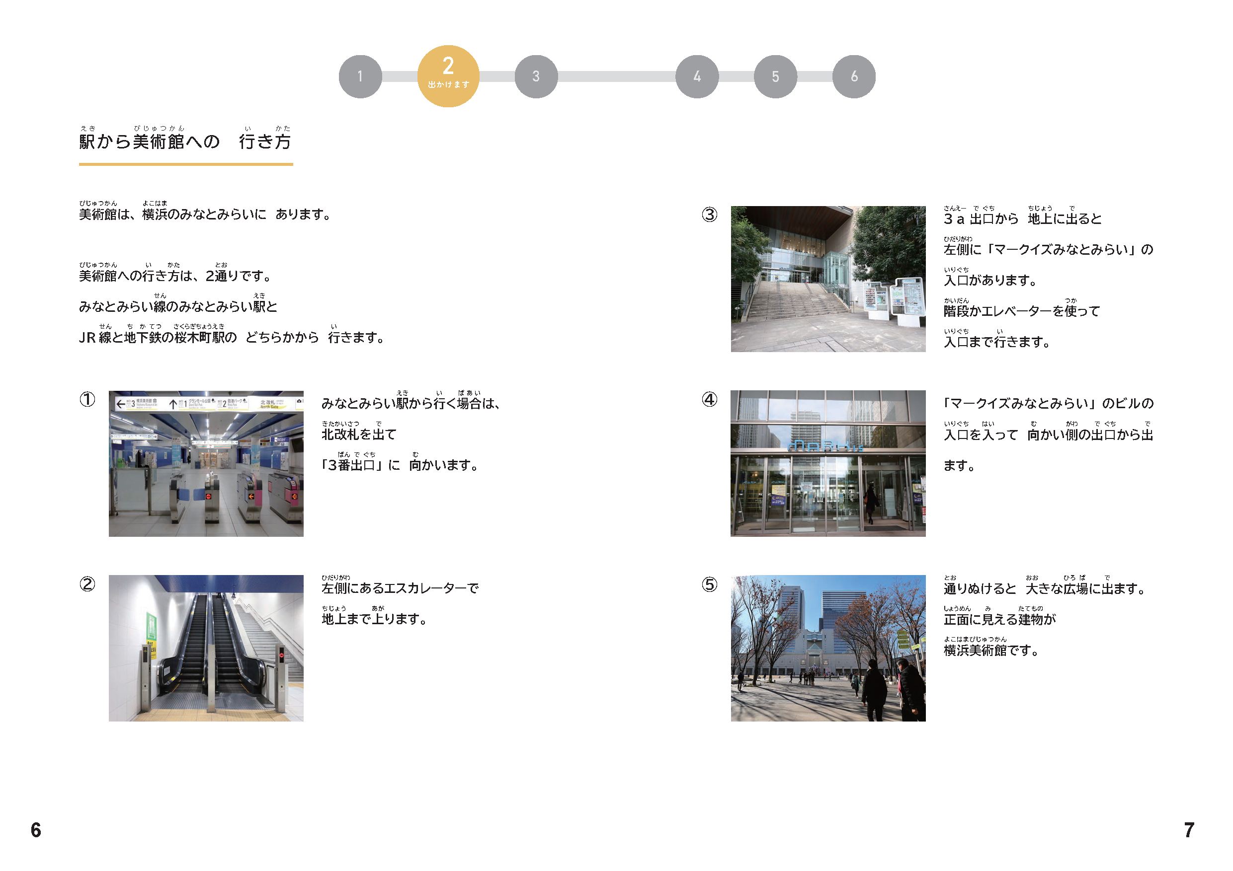 駅から横浜美術館までの行き方を写真で説明するページ。みなとみらい駅の改札、エスカレーター、地上出口、商業施設を通って広場に出るまでの流れが示されている。